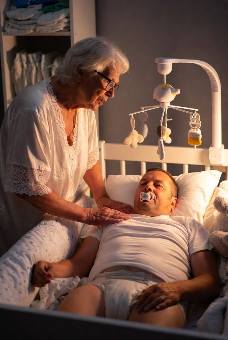 A warm and gentle ABDL care scene showing comfort and acceptance