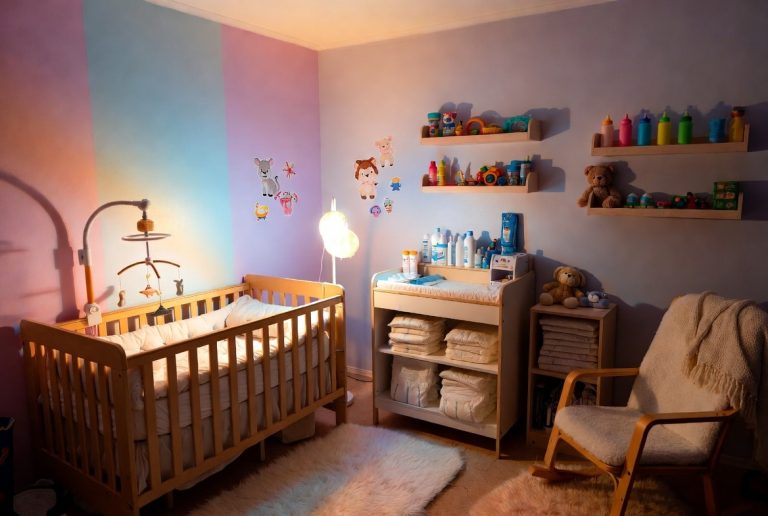 A beautifully decorated adult nursery room with pastel colors and a changing table
